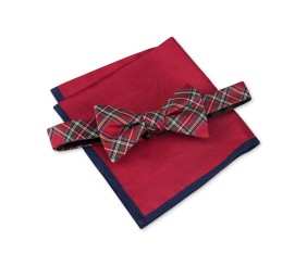 Men's Plaid Bow Tie & Solid Pocket Square Set